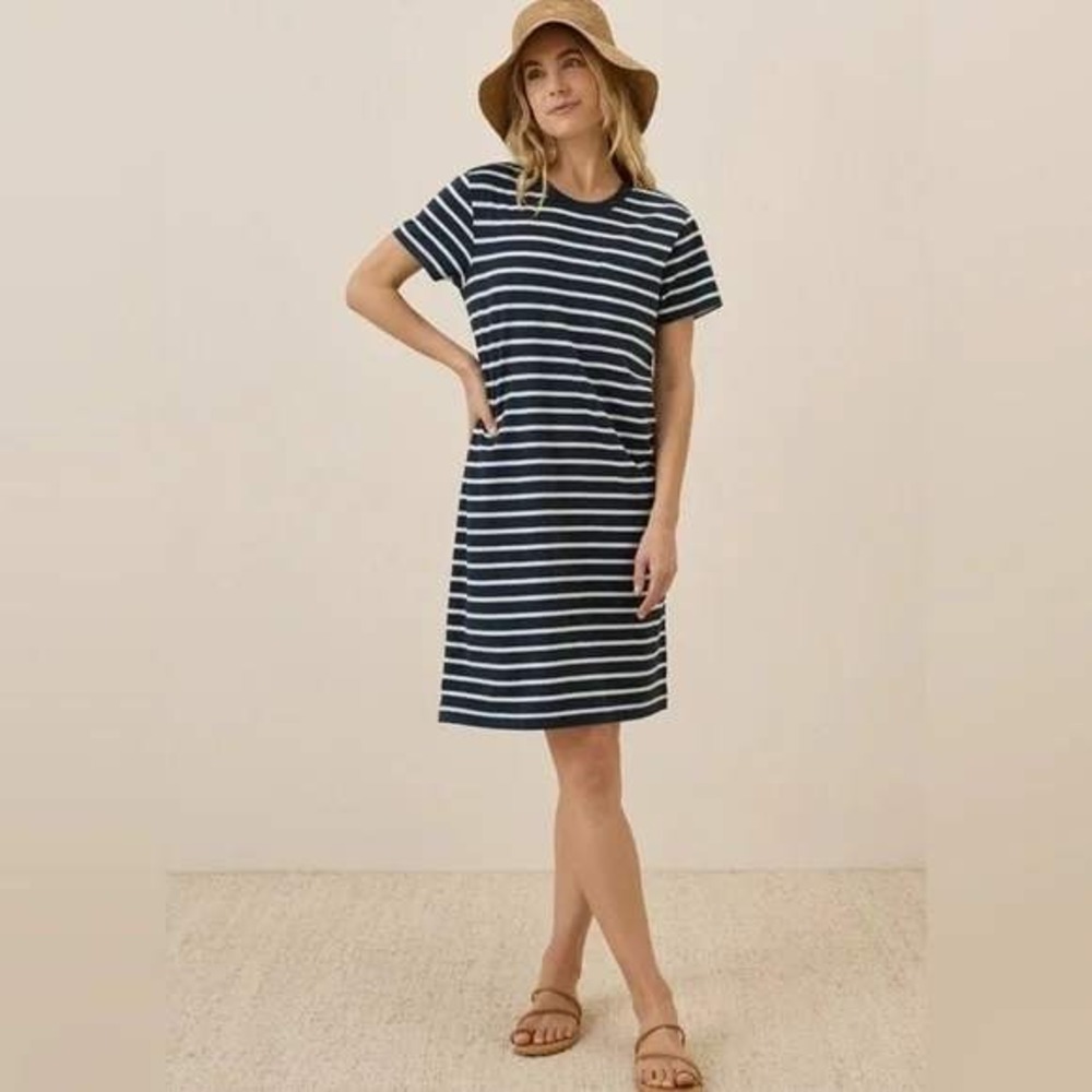 Pact Womens 3X Organic Cotton Softspun Striped T-Shirt Dress Navy Blue Pocket